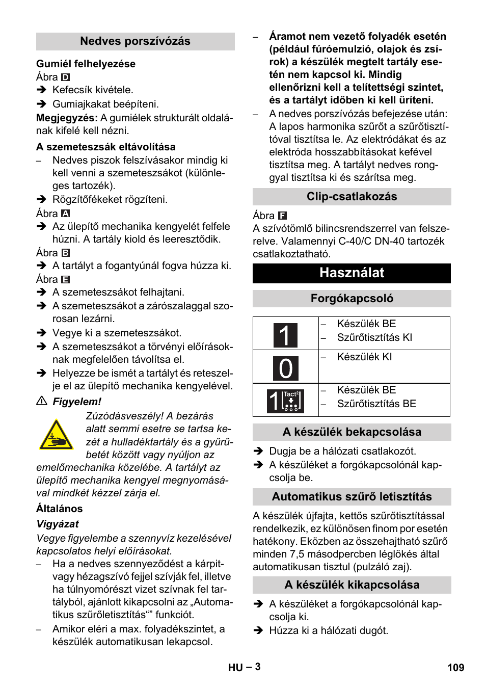 Használat | Karcher Aspirateur eau et poussières NT 55-2 Tact Me I User Manual | Page 109 / 204