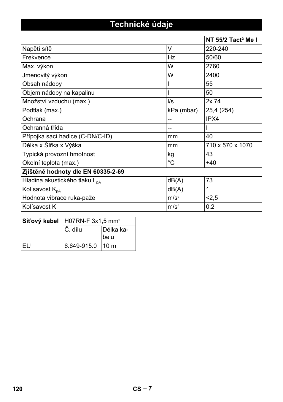 Technické údaje | Karcher Aspirateur eau et poussières NT 55-2 Tact Me I User Manual | Page 120 / 204