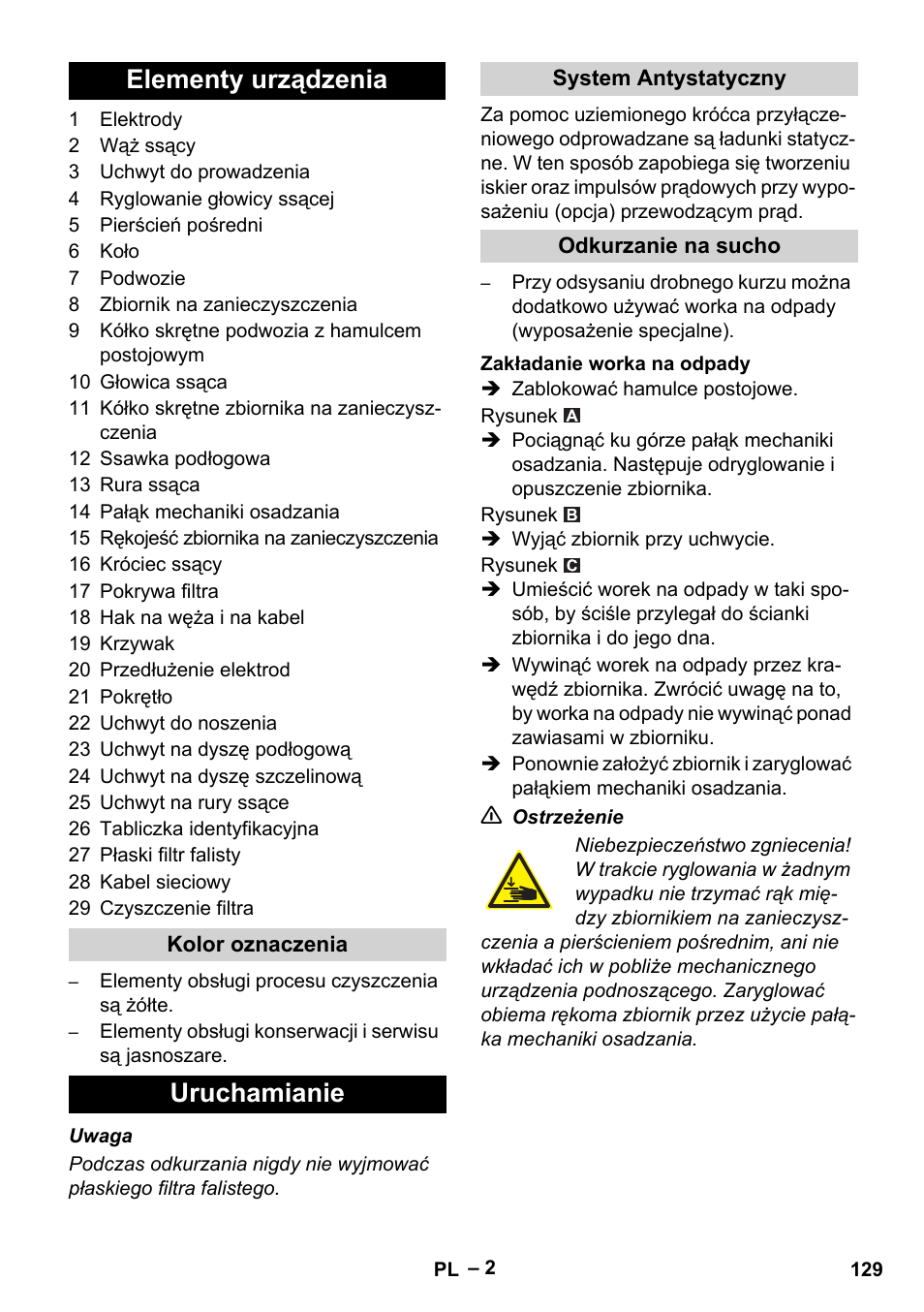 Elementy urządzenia, Uruchamianie | Karcher Aspirateur eau et poussières NT 55-2 Tact Me I User Manual | Page 129 / 204