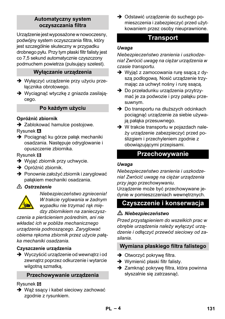 Transport przechowywanie czyszczenie i konserwacja | Karcher Aspirateur eau et poussières NT 55-2 Tact Me I User Manual | Page 131 / 204