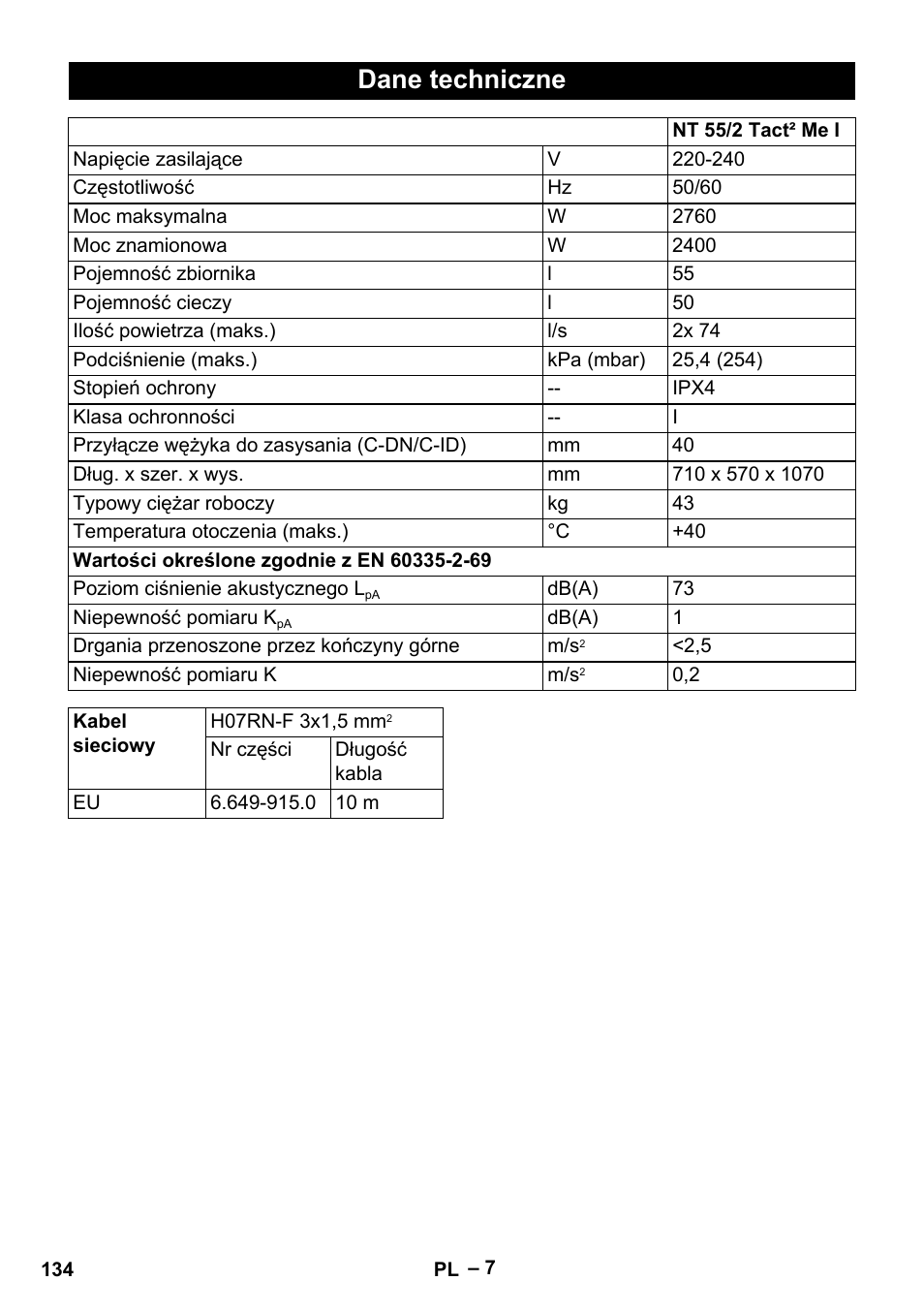 Dane techniczne | Karcher Aspirateur eau et poussières NT 55-2 Tact Me I User Manual | Page 134 / 204