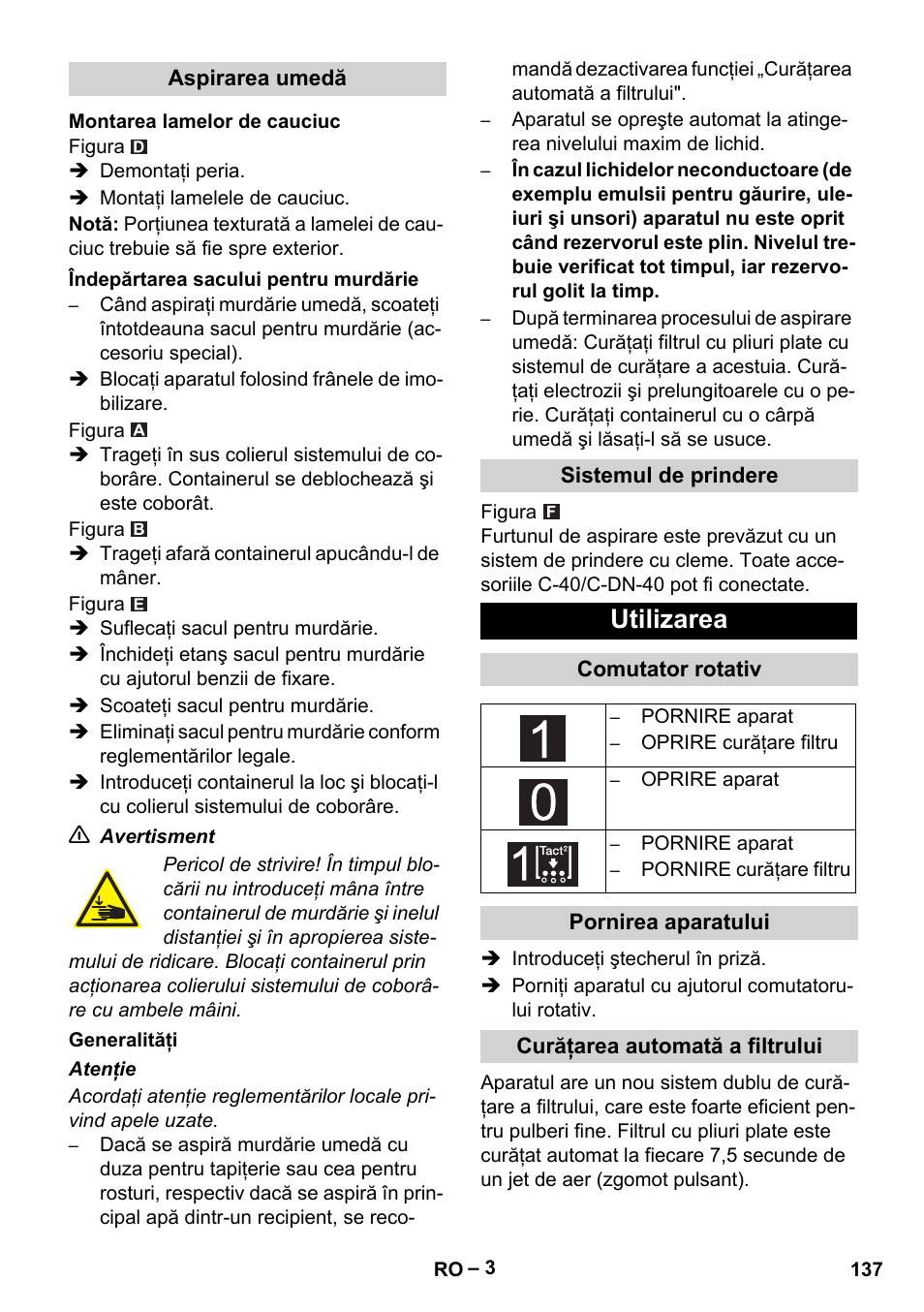 Utilizarea | Karcher Aspirateur eau et poussières NT 55-2 Tact Me I User Manual | Page 137 / 204