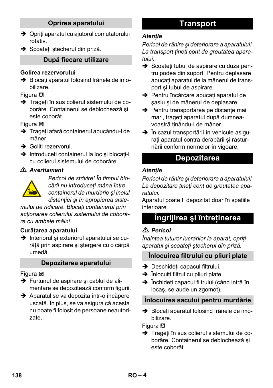 Transport depozitarea îngrijirea şi întreţinerea | Karcher Aspirateur eau et poussières NT 55-2 Tact Me I User Manual | Page 138 / 204
