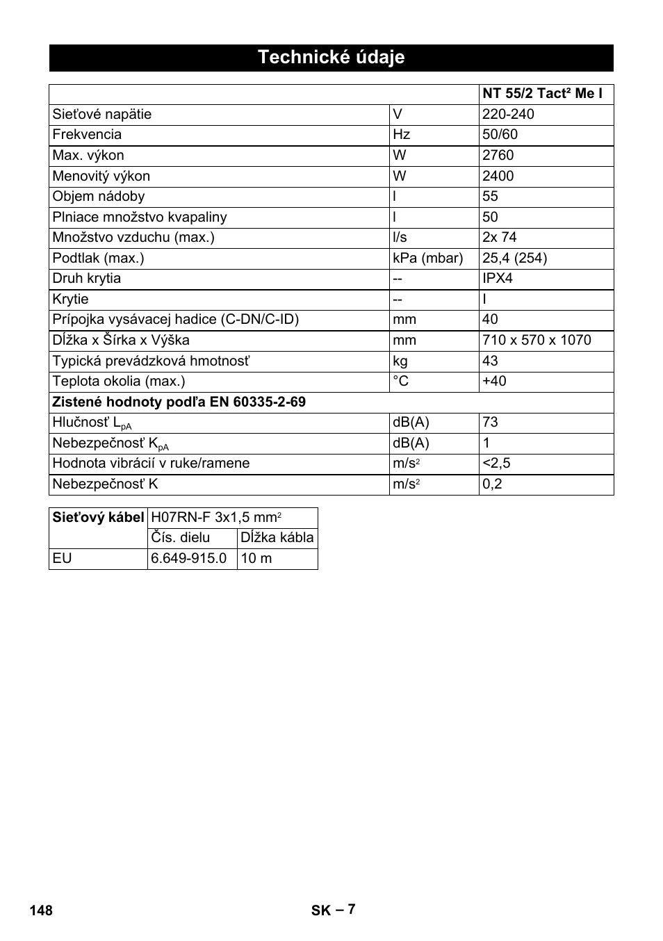 Technické údaje | Karcher Aspirateur eau et poussières NT 55-2 Tact Me I User Manual | Page 148 / 204
