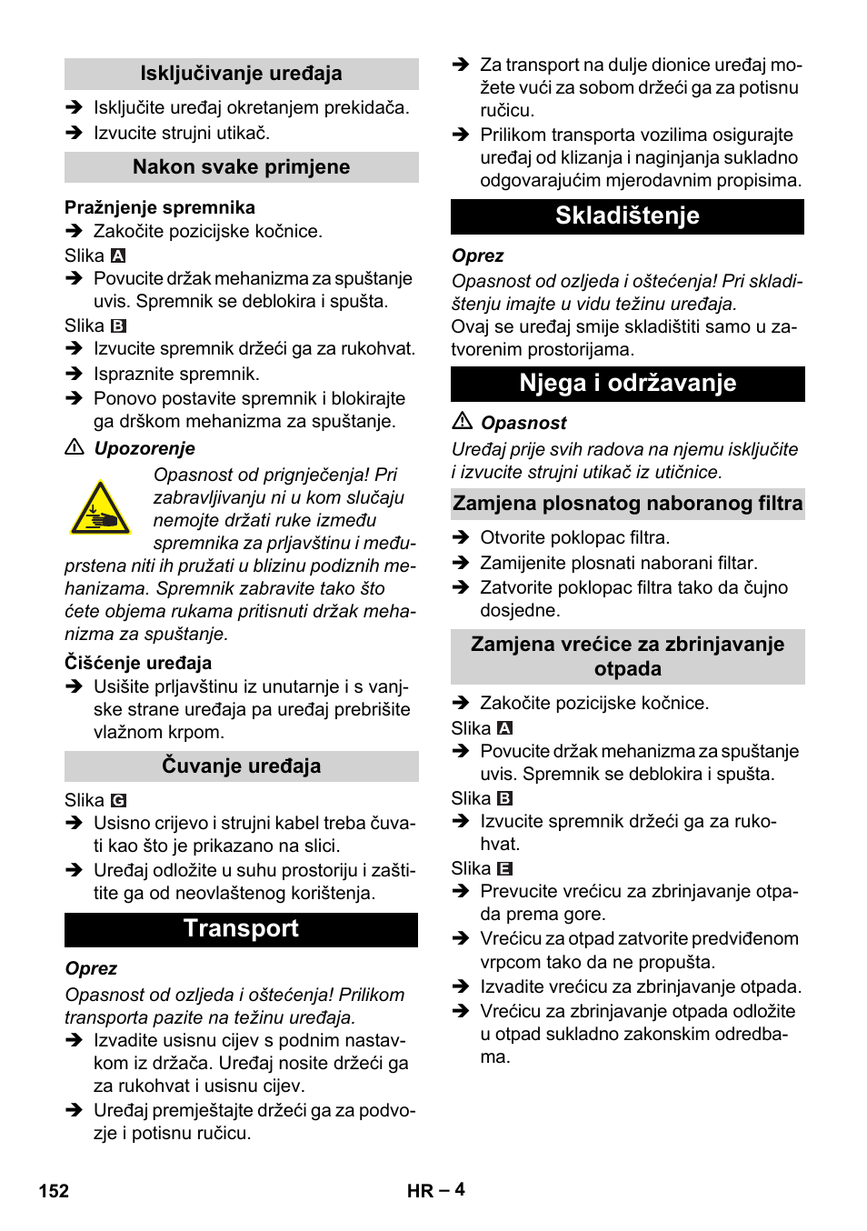 Transport skladištenje njega i održavanje | Karcher Aspirateur eau et poussières NT 55-2 Tact Me I User Manual | Page 152 / 204