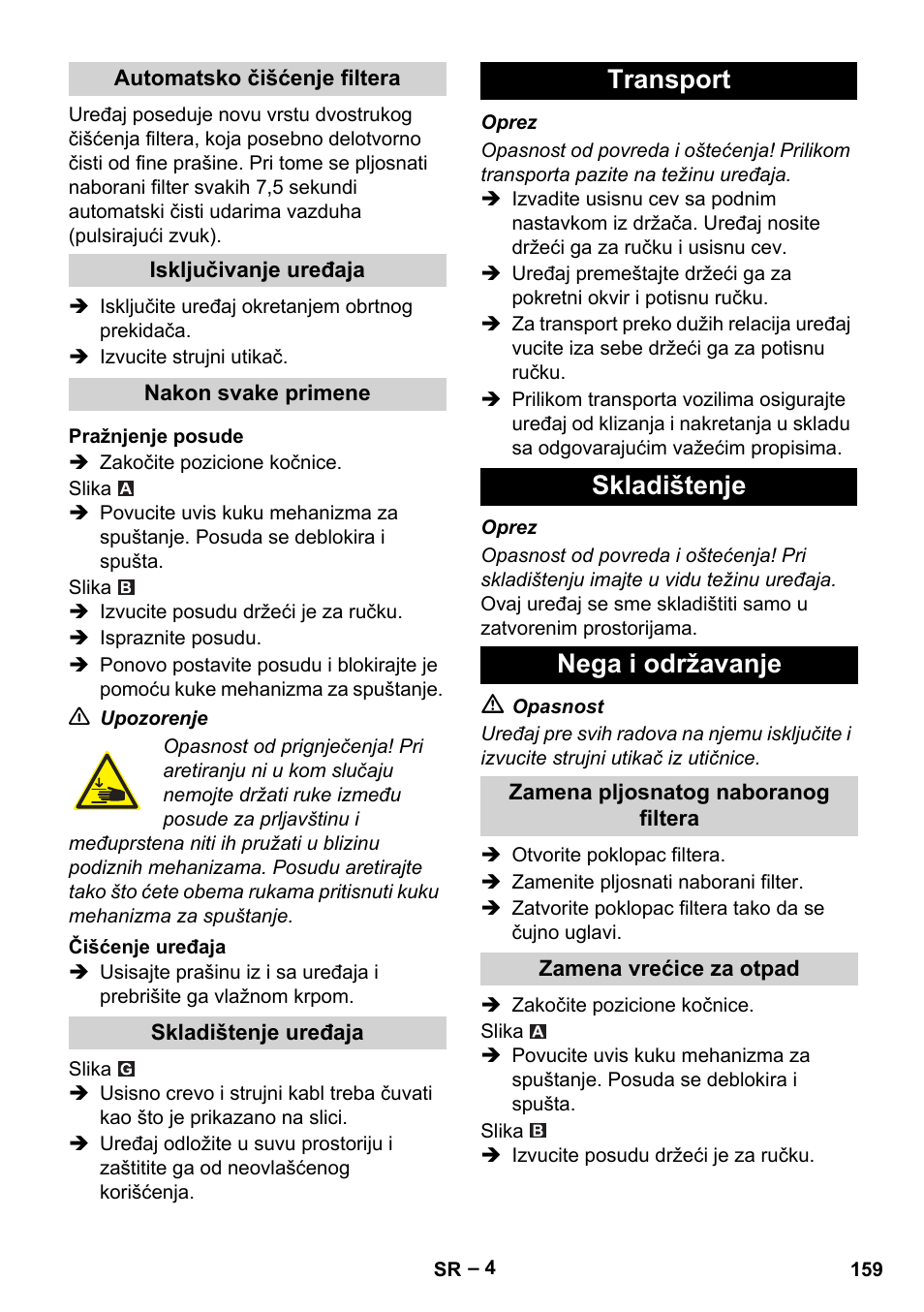 Transport skladištenje nega i održavanje | Karcher Aspirateur eau et poussières NT 55-2 Tact Me I User Manual | Page 159 / 204