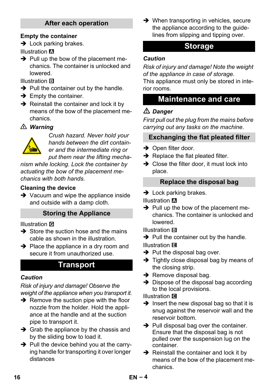 Transport storage maintenance and care | Karcher Aspirateur eau et poussières NT 55-2 Tact Me I User Manual | Page 16 / 204