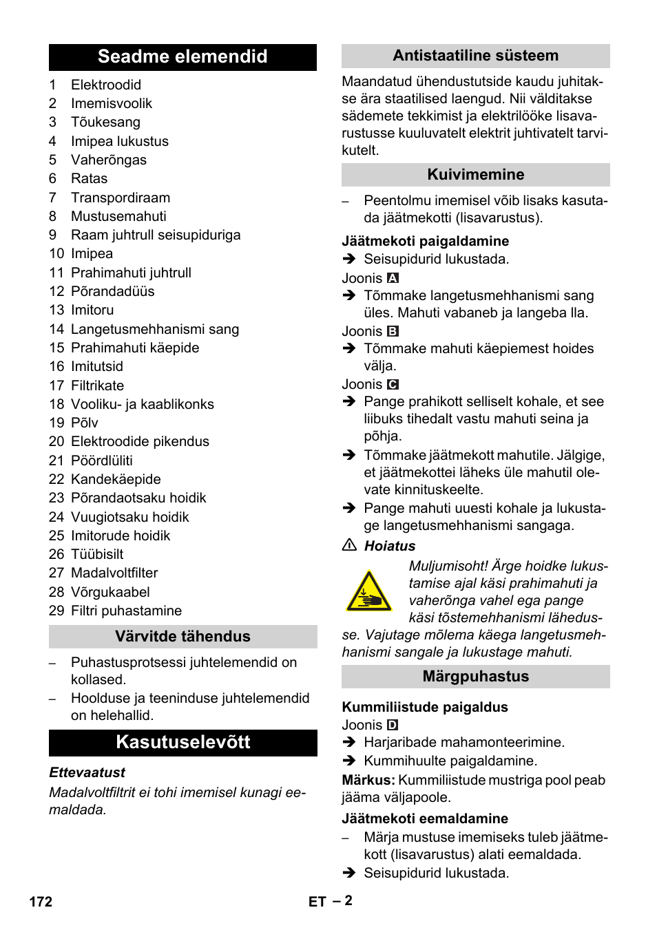 Seadme elemendid, Kasutuselevõtt | Karcher Aspirateur eau et poussières NT 55-2 Tact Me I User Manual | Page 172 / 204