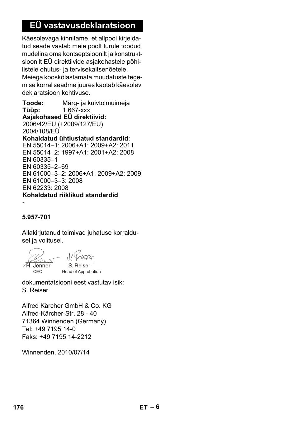 Eü vastavusdeklaratsioon | Karcher Aspirateur eau et poussières NT 55-2 Tact Me I User Manual | Page 176 / 204