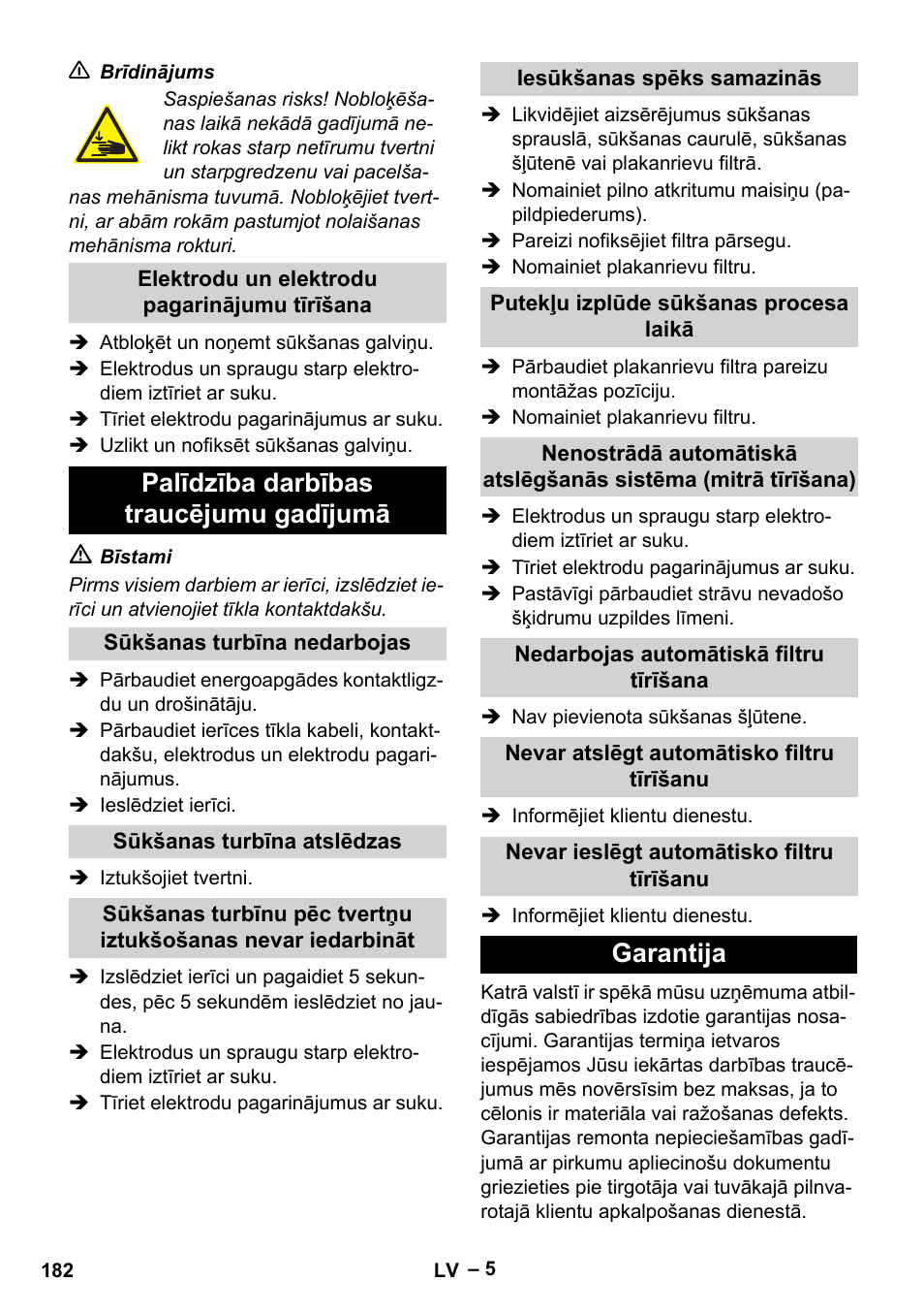 Palīdzība darbības traucējumu gadījumā, Garantija | Karcher Aspirateur eau et poussières NT 55-2 Tact Me I User Manual | Page 182 / 204