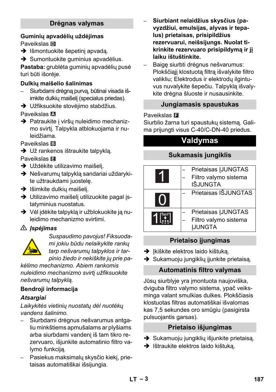 Valdymas | Karcher Aspirateur eau et poussières NT 55-2 Tact Me I User Manual | Page 187 / 204