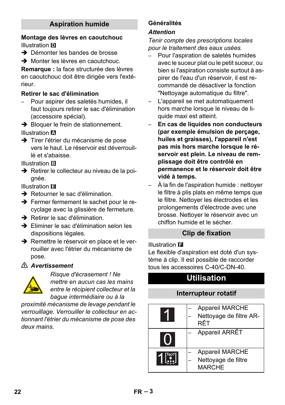 Utilisation | Karcher Aspirateur eau et poussières NT 55-2 Tact Me I User Manual | Page 22 / 204