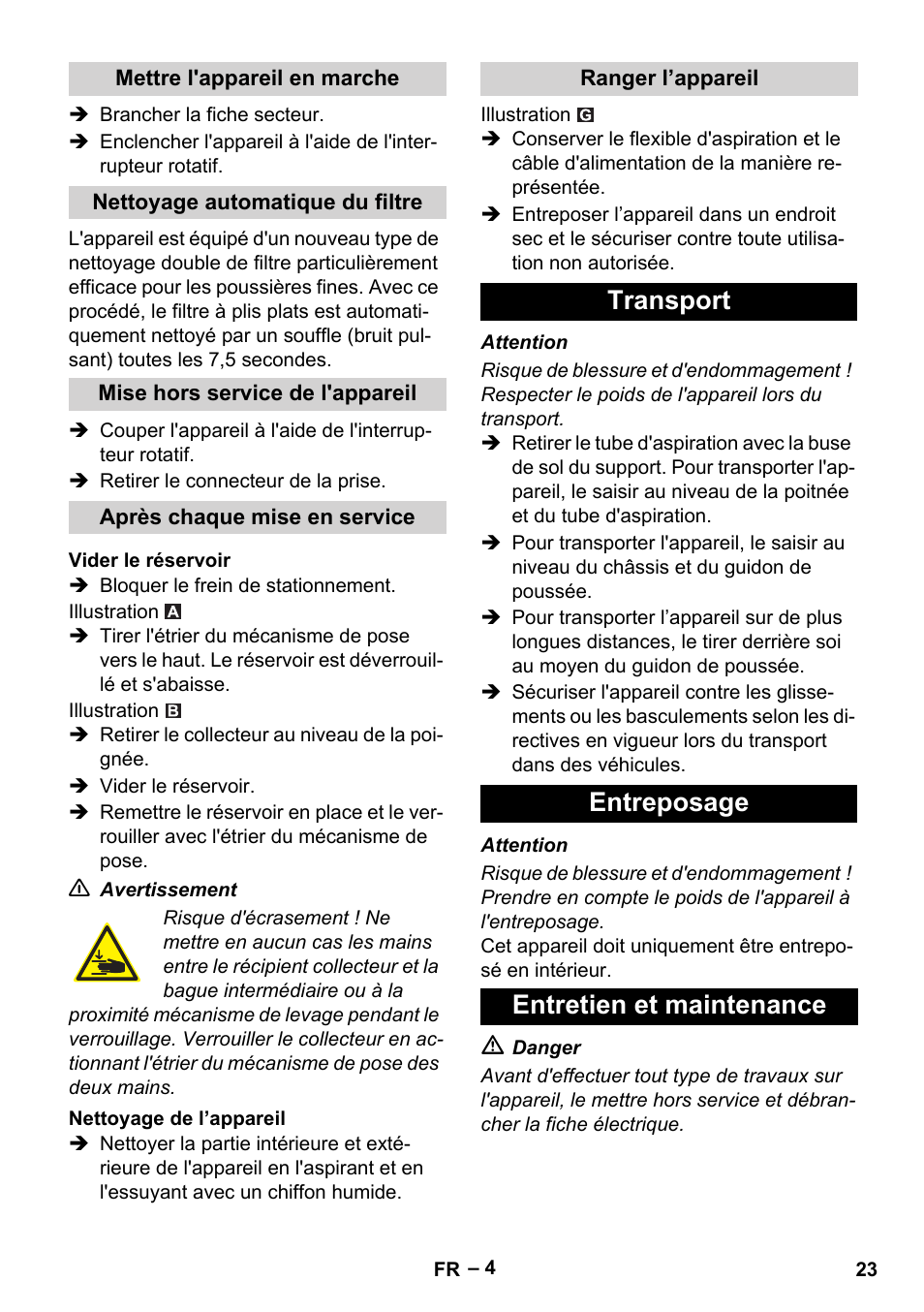 Transport entreposage entretien et maintenance | Karcher Aspirateur eau et poussières NT 55-2 Tact Me I User Manual | Page 23 / 204