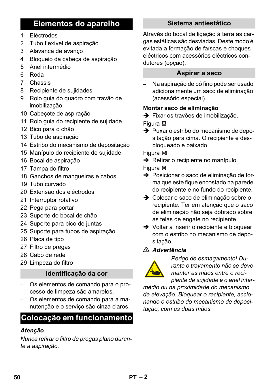 Elementos do aparelho, Colocação em funcionamento | Karcher Aspirateur eau et poussières NT 55-2 Tact Me I User Manual | Page 50 / 204