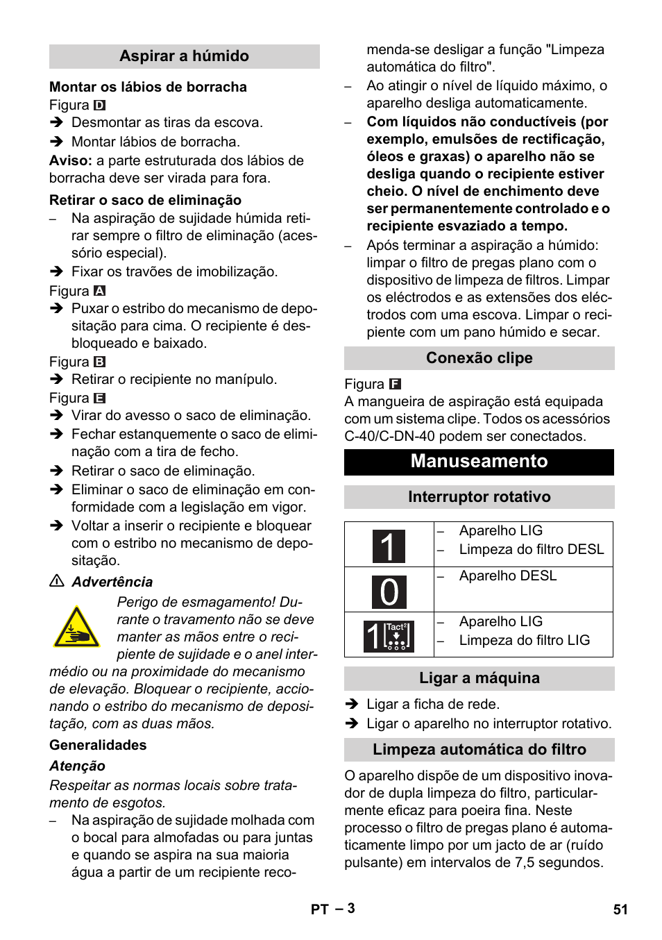 Manuseamento | Karcher Aspirateur eau et poussières NT 55-2 Tact Me I User Manual | Page 51 / 204