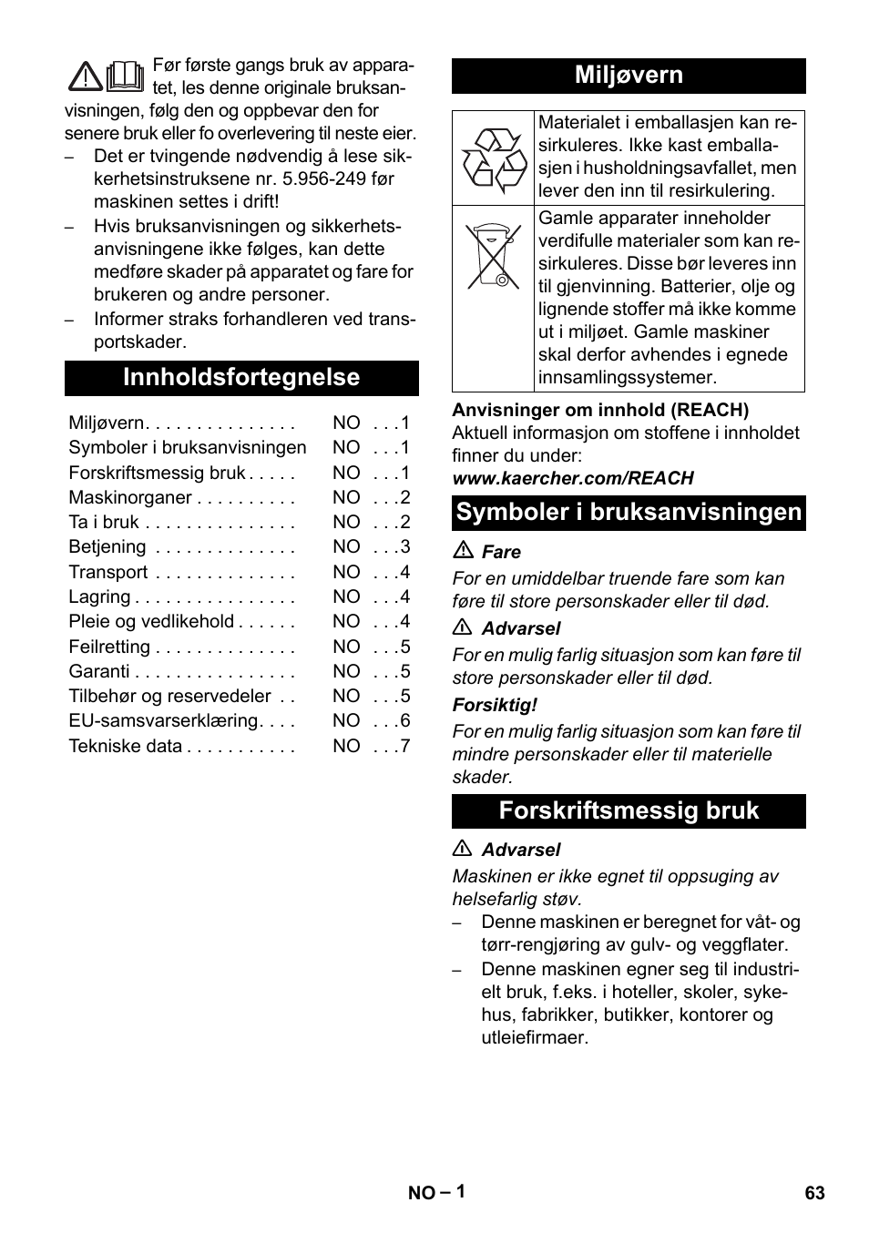 Norsk, Innholdsfortegnelse, Miljøvern | Symboler i bruksanvisningen forskriftsmessig bruk | Karcher Aspirateur eau et poussières NT 55-2 Tact Me I User Manual | Page 63 / 204