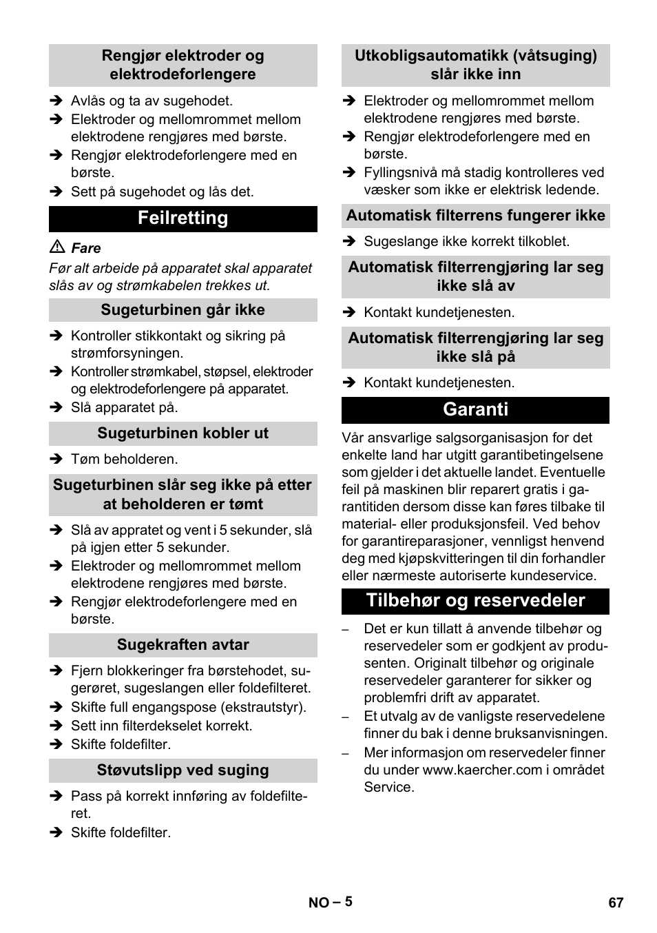 Feilretting, Garanti tilbehør og reservedeler | Karcher Aspirateur eau et poussières NT 55-2 Tact Me I User Manual | Page 67 / 204