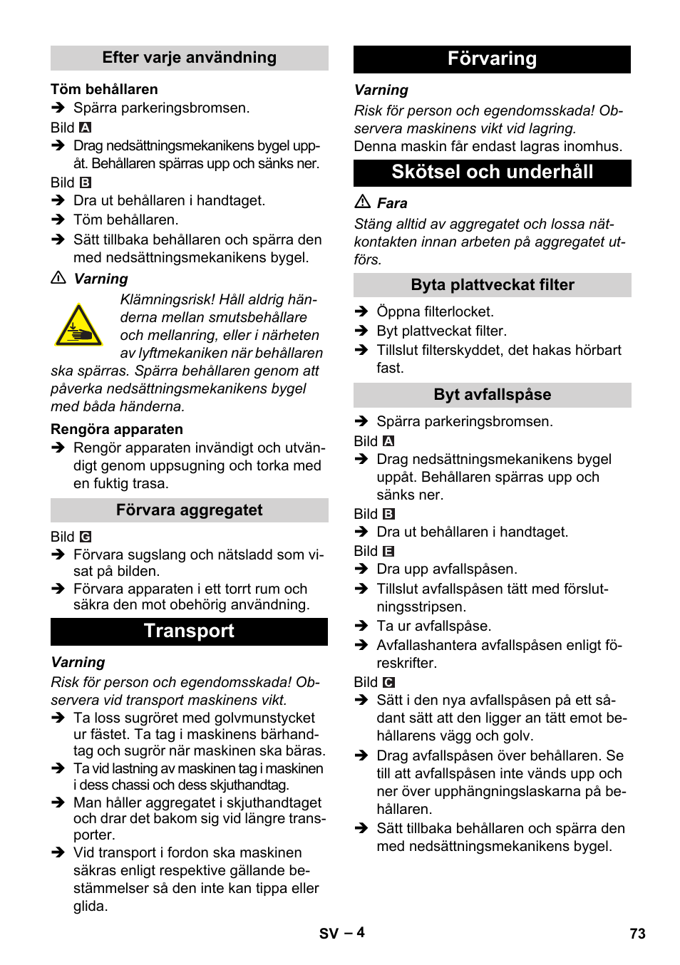 Transport förvaring skötsel och underhåll | Karcher Aspirateur eau et poussières NT 55-2 Tact Me I User Manual | Page 73 / 204