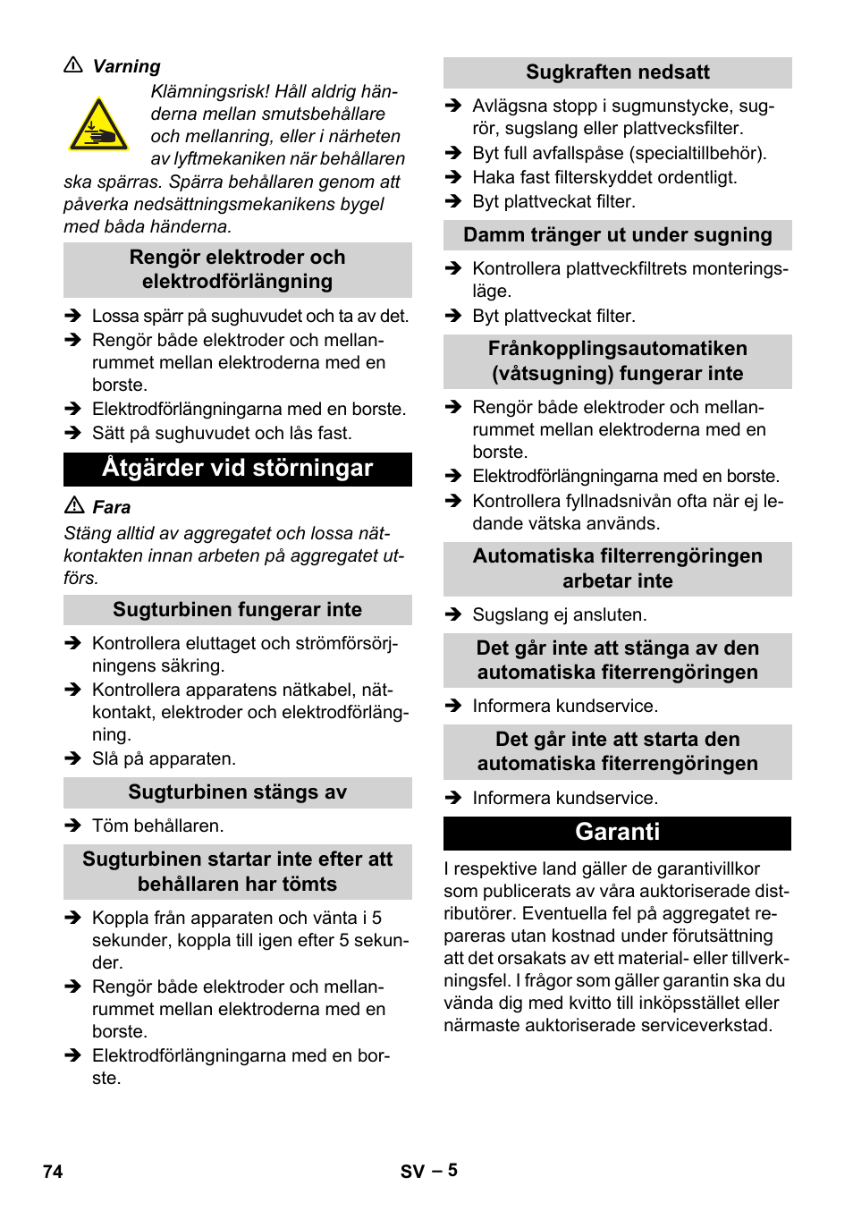 Åtgärder vid störningar, Garanti | Karcher Aspirateur eau et poussières NT 55-2 Tact Me I User Manual | Page 74 / 204