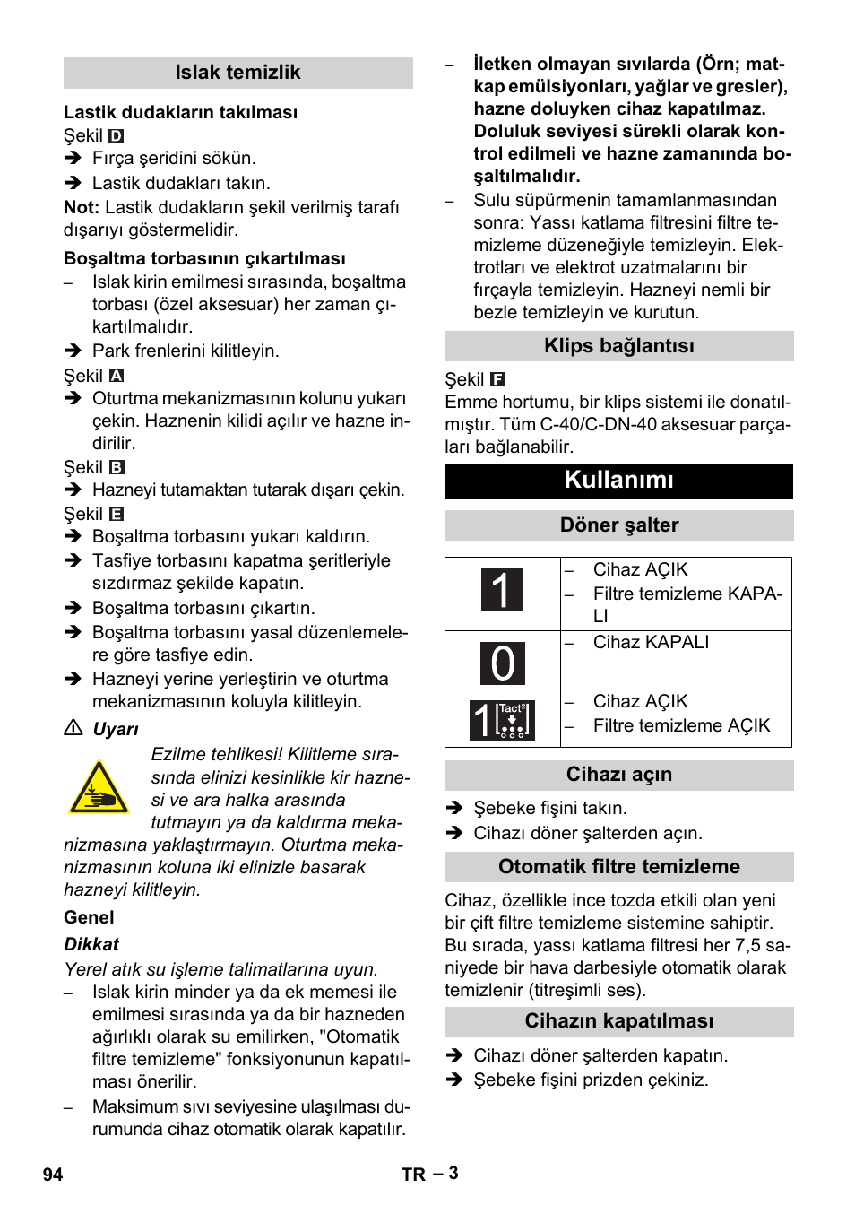 Kullanımı | Karcher Aspirateur eau et poussières NT 55-2 Tact Me I User Manual | Page 94 / 204