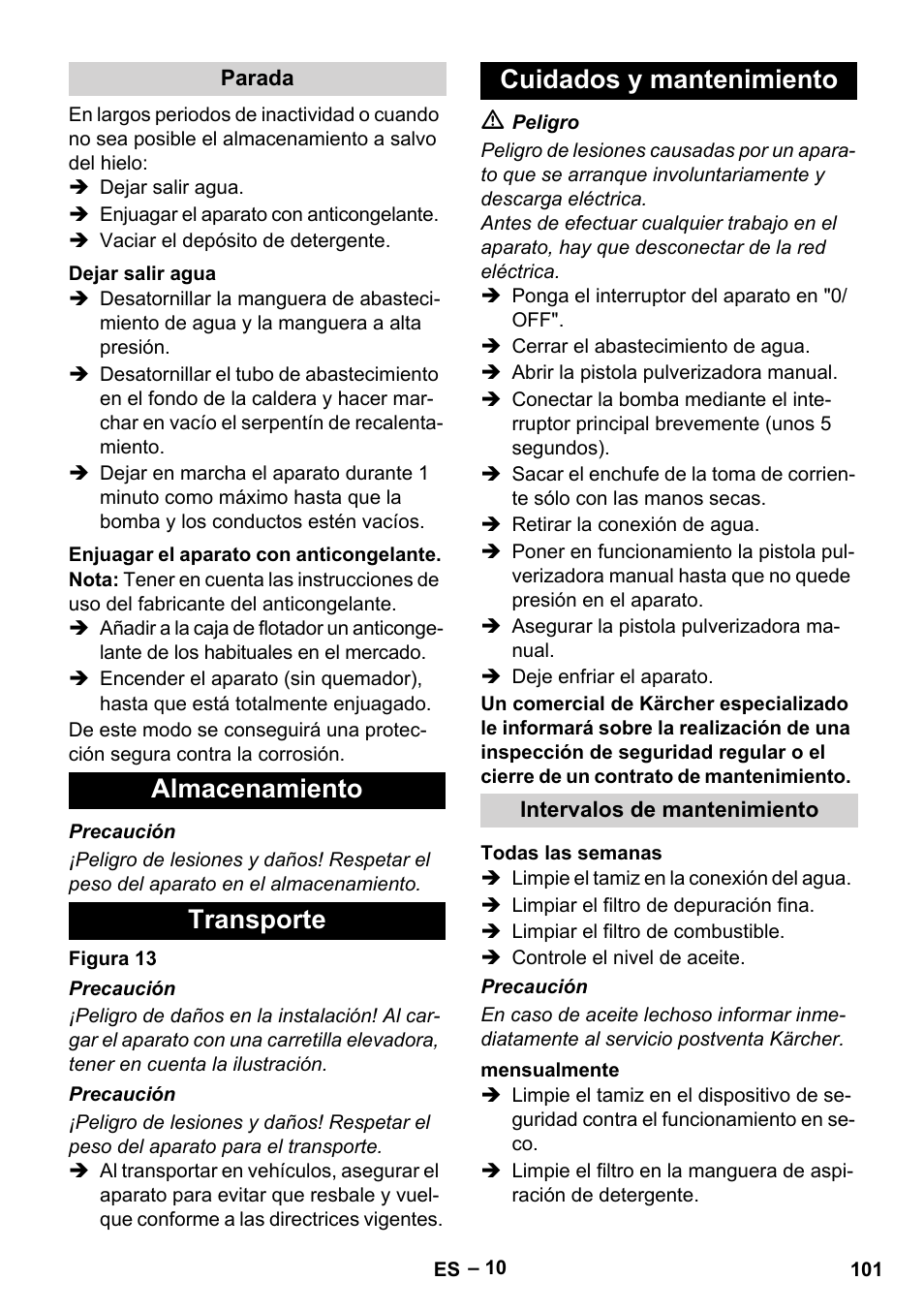 Almacenamiento transporte cuidados y mantenimiento | Karcher Nettoyeur haute pression HDS 8-18-4 C Classic User Manual | Page 101 / 460
