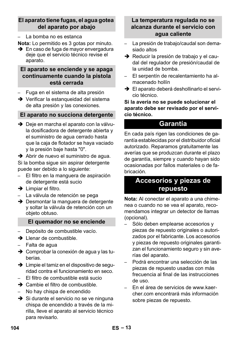 Garantía accesorios y piezas de repuesto | Karcher Nettoyeur haute pression HDS 8-18-4 C Classic User Manual | Page 104 / 460