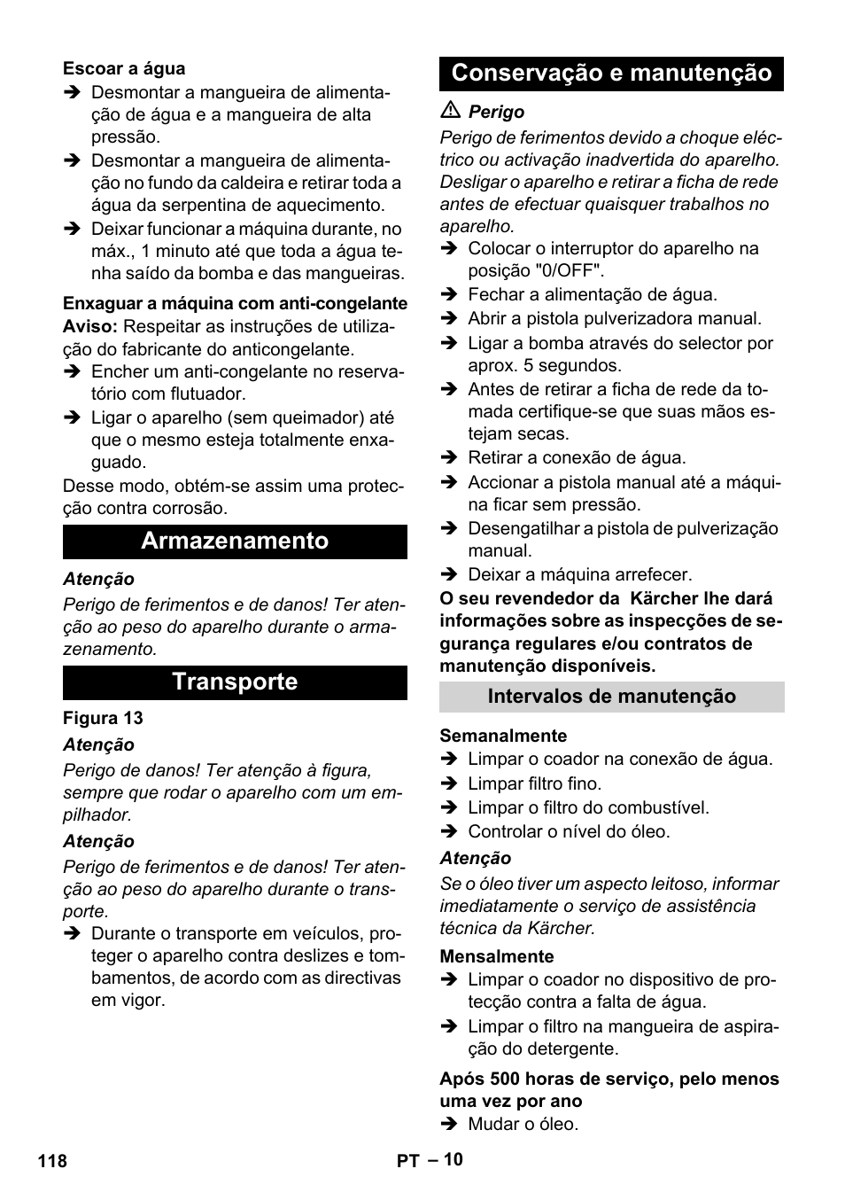 Armazenamento transporte conservação e manutenção | Karcher Nettoyeur haute pression HDS 8-18-4 C Classic User Manual | Page 118 / 460