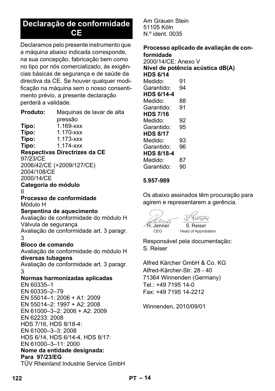 Declaração de conformidade ce | Karcher Nettoyeur haute pression HDS 8-18-4 C Classic User Manual | Page 122 / 460