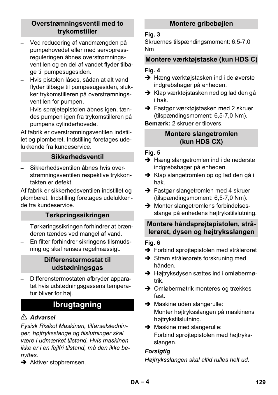 Ibrugtagning | Karcher Nettoyeur haute pression HDS 8-18-4 C Classic User Manual | Page 129 / 460