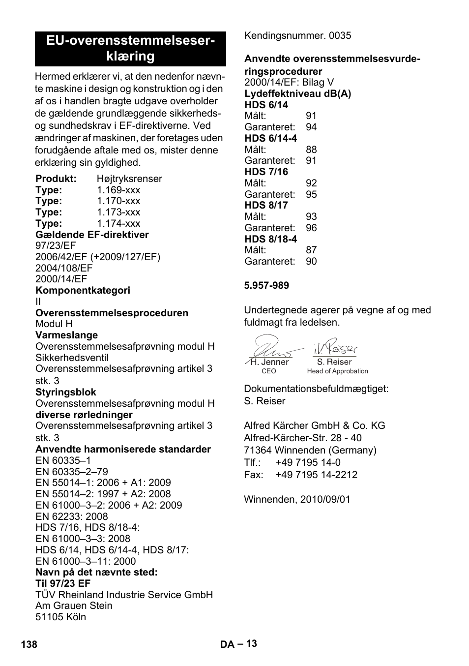 Eu-overensstemmelseser- klæring | Karcher Nettoyeur haute pression HDS 8-18-4 C Classic User Manual | Page 138 / 460