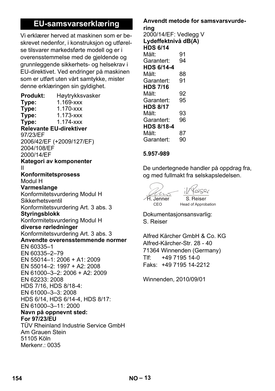 Eu-samsvarserklæring | Karcher Nettoyeur haute pression HDS 8-18-4 C Classic User Manual | Page 154 / 460