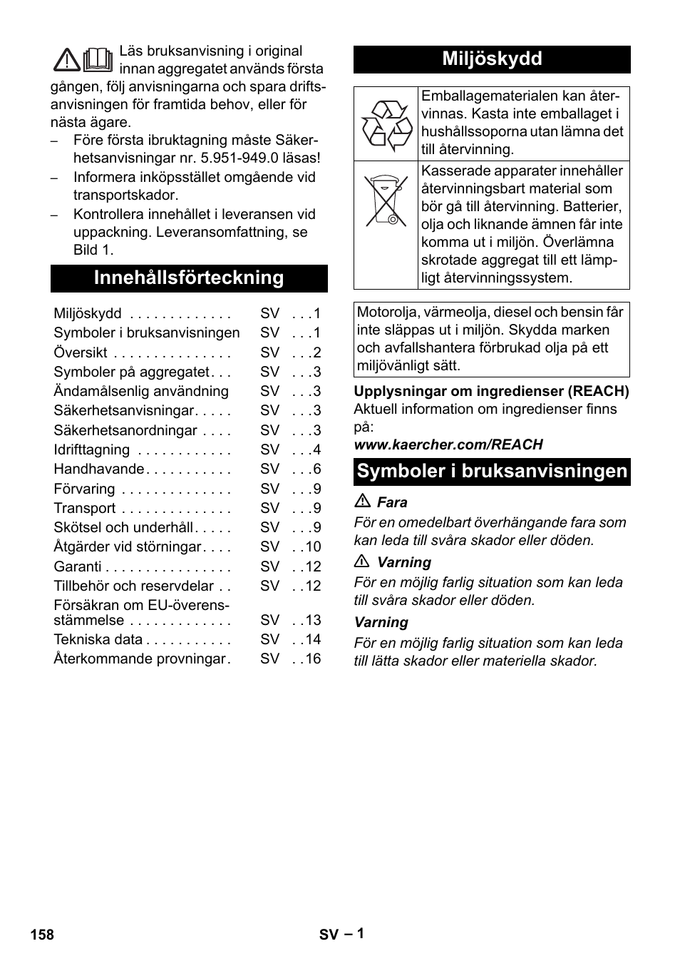 Svenska, Innehållsförteckning, Miljöskydd | Symboler i bruksanvisningen | Karcher Nettoyeur haute pression HDS 8-18-4 C Classic User Manual | Page 158 / 460