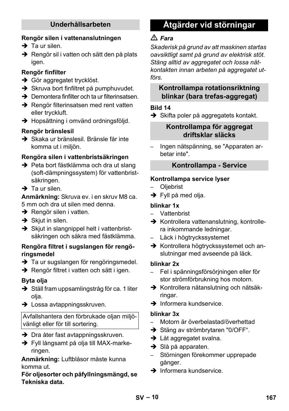 Åtgärder vid störningar | Karcher Nettoyeur haute pression HDS 8-18-4 C Classic User Manual | Page 167 / 460