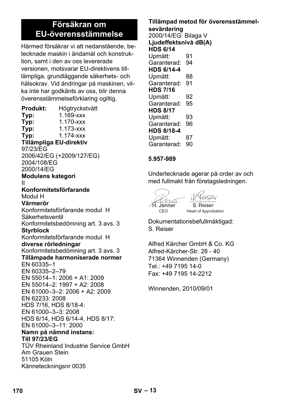 Försäkran om eu-överensstämmelse | Karcher Nettoyeur haute pression HDS 8-18-4 C Classic User Manual | Page 170 / 460