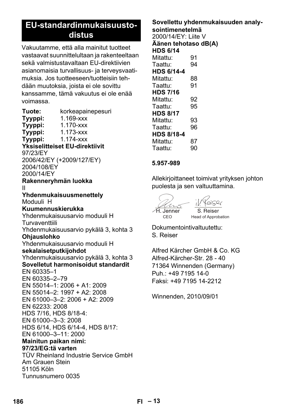 Eu-standardinmukaisuusto- distus | Karcher Nettoyeur haute pression HDS 8-18-4 C Classic User Manual | Page 186 / 460