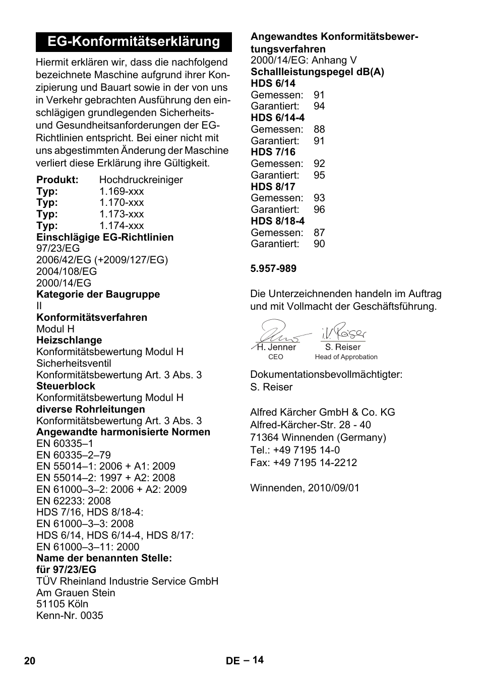 Eg-konformitätserklärung | Karcher Nettoyeur haute pression HDS 8-18-4 C Classic User Manual | Page 20 / 460