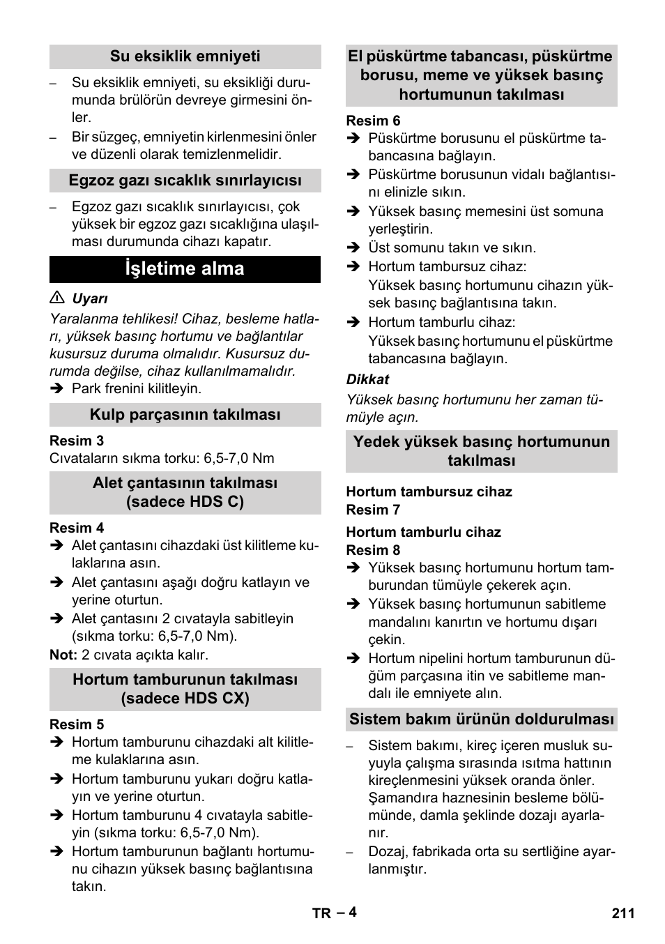 Işletime alma | Karcher Nettoyeur haute pression HDS 8-18-4 C Classic User Manual | Page 211 / 460