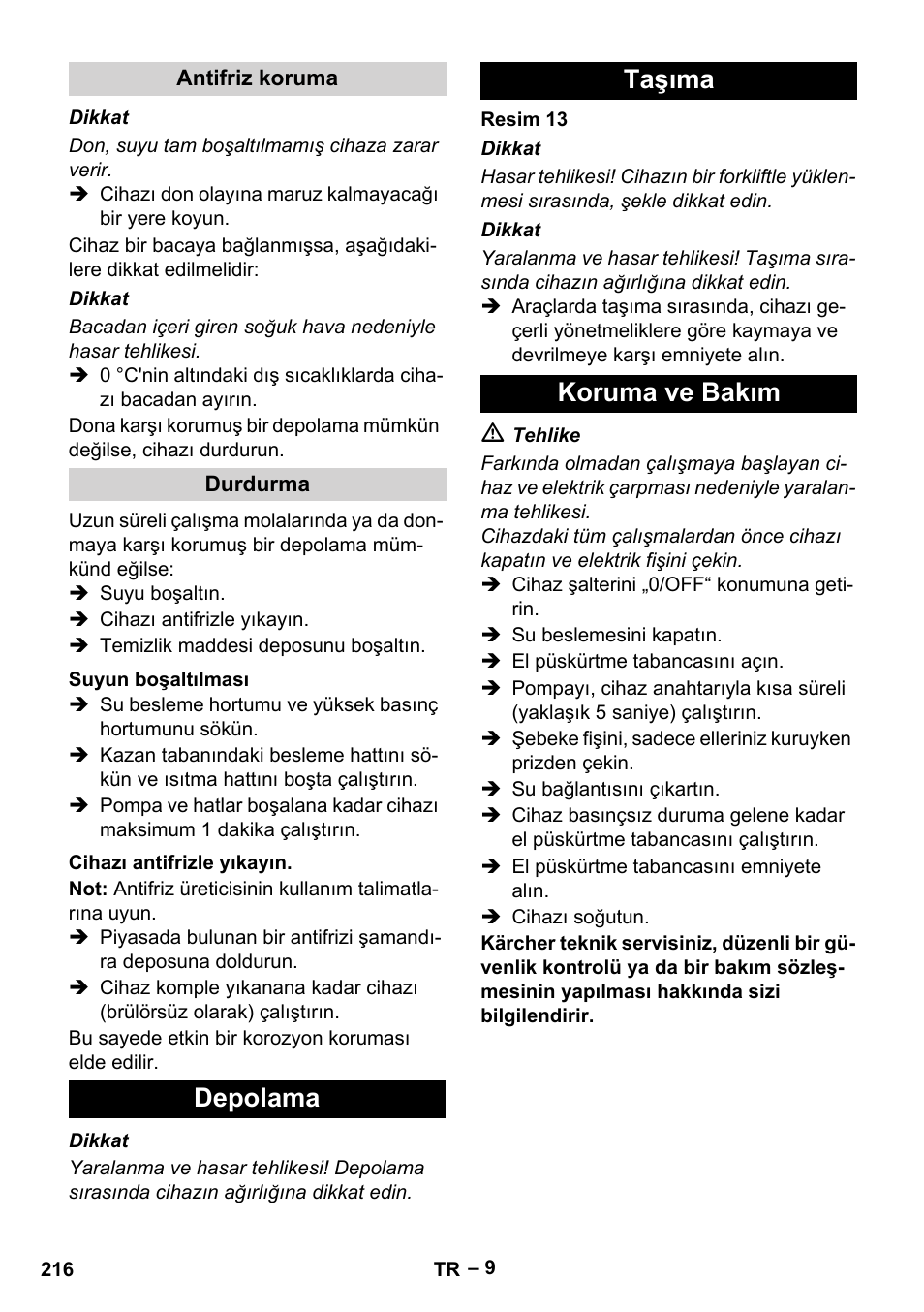 Depolama taşıma koruma ve bakım | Karcher Nettoyeur haute pression HDS 8-18-4 C Classic User Manual | Page 216 / 460