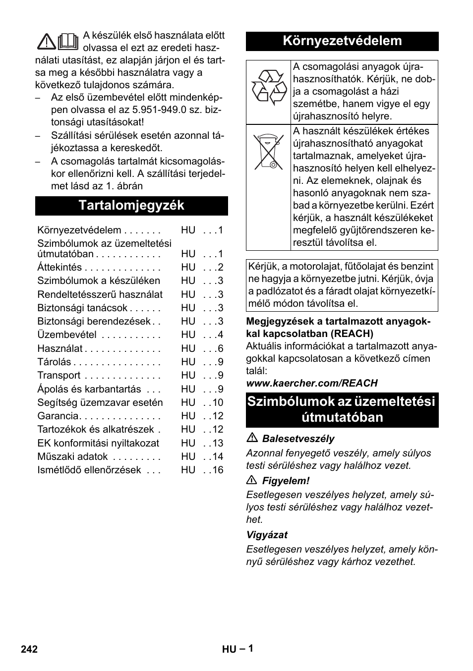 Magyar, Tartalomjegyzék, Környezetvédelem | Szimbólumok az üzemeltetési útmutatóban | Karcher Nettoyeur haute pression HDS 8-18-4 C Classic User Manual | Page 242 / 460