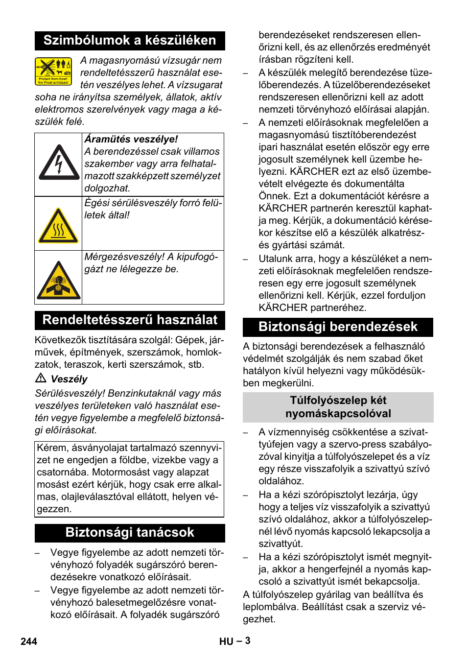 Szimbólumok a készüléken, Rendeltetésszerű használat, Biztonsági tanácsok biztonsági berendezések | Karcher Nettoyeur haute pression HDS 8-18-4 C Classic User Manual | Page 244 / 460
