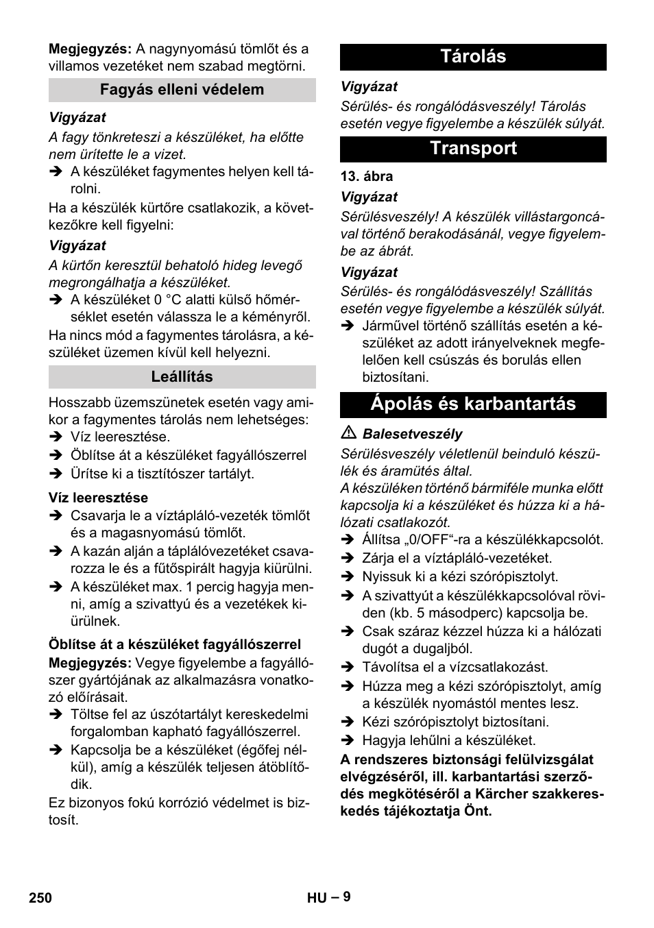 Tárolás transport ápolás és karbantartás | Karcher Nettoyeur haute pression HDS 8-18-4 C Classic User Manual | Page 250 / 460