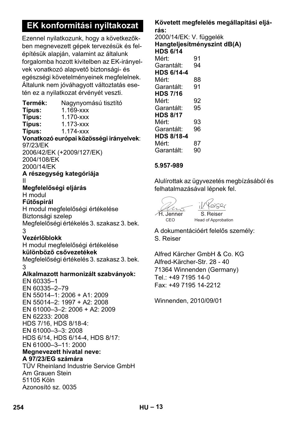 Ek konformitási nyiltakozat | Karcher Nettoyeur haute pression HDS 8-18-4 C Classic User Manual | Page 254 / 460