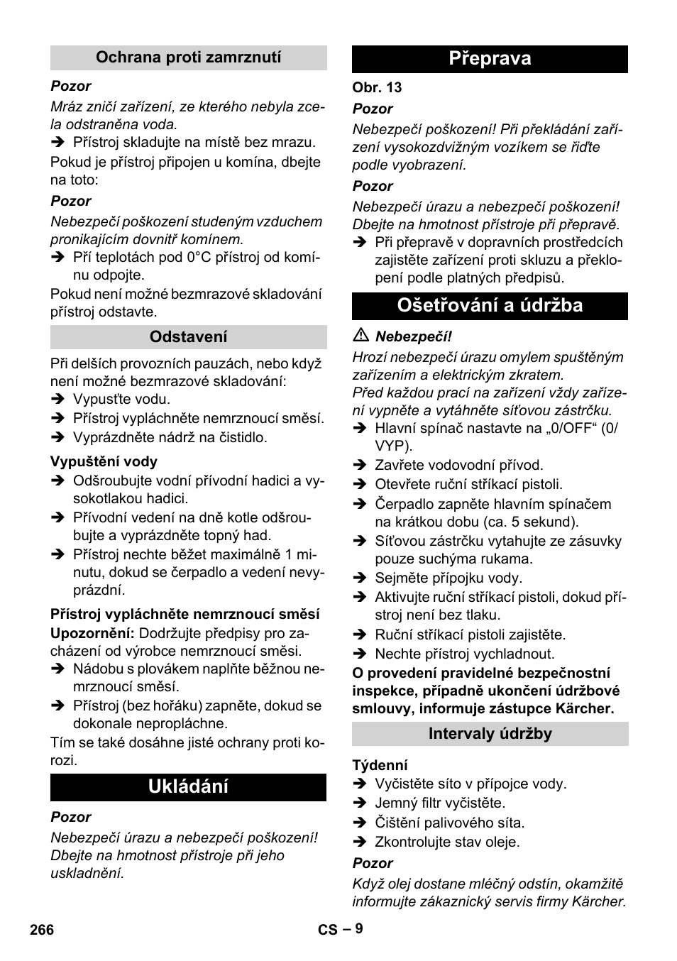 Ukládání přeprava ošetřování a údržba | Karcher Nettoyeur haute pression HDS 8-18-4 C Classic User Manual | Page 266 / 460