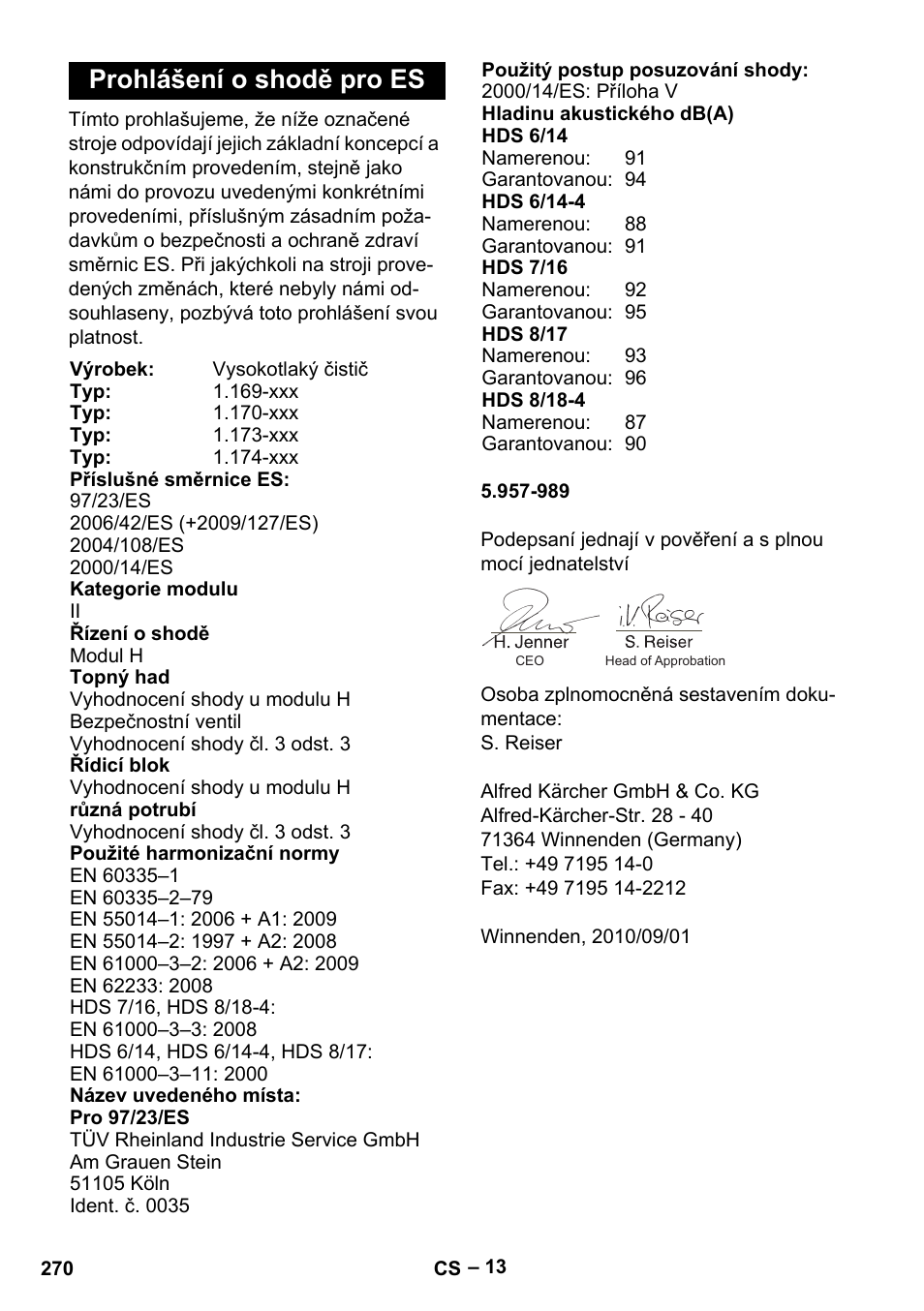 Prohlášení o shodě pro es | Karcher Nettoyeur haute pression HDS 8-18-4 C Classic User Manual | Page 270 / 460