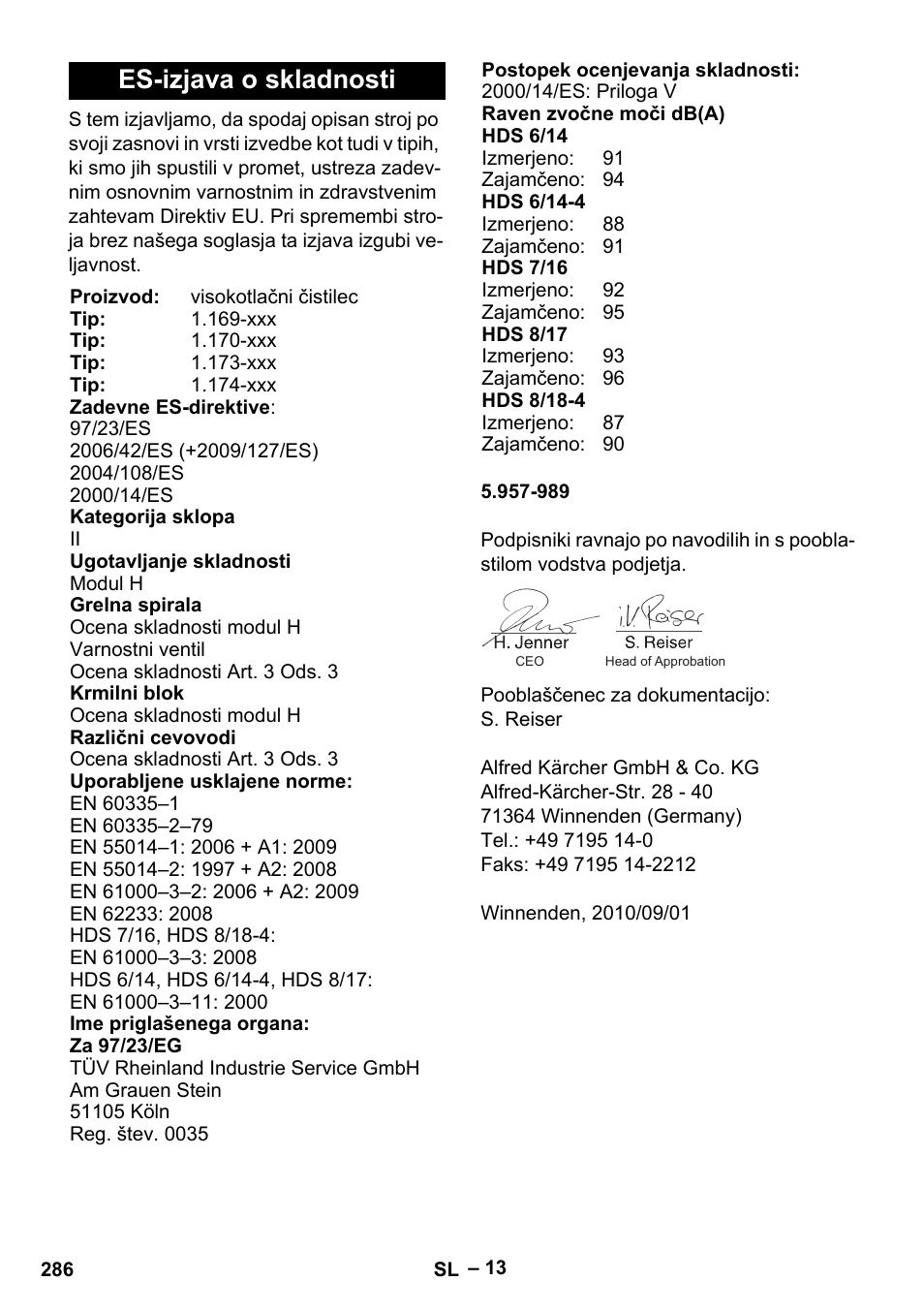 Es-izjava o skladnosti | Karcher Nettoyeur haute pression HDS 8-18-4 C Classic User Manual | Page 286 / 460