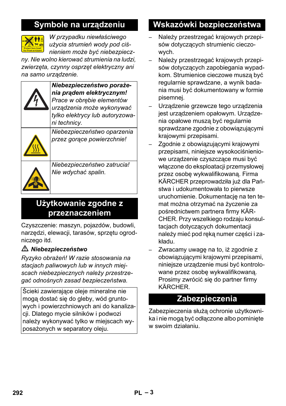 Symbole na urządzeniu, Użytkowanie zgodne z przeznaczeniem, Wskazówki bezpieczeństwa zabezpieczenia | Karcher Nettoyeur haute pression HDS 8-18-4 C Classic User Manual | Page 292 / 460