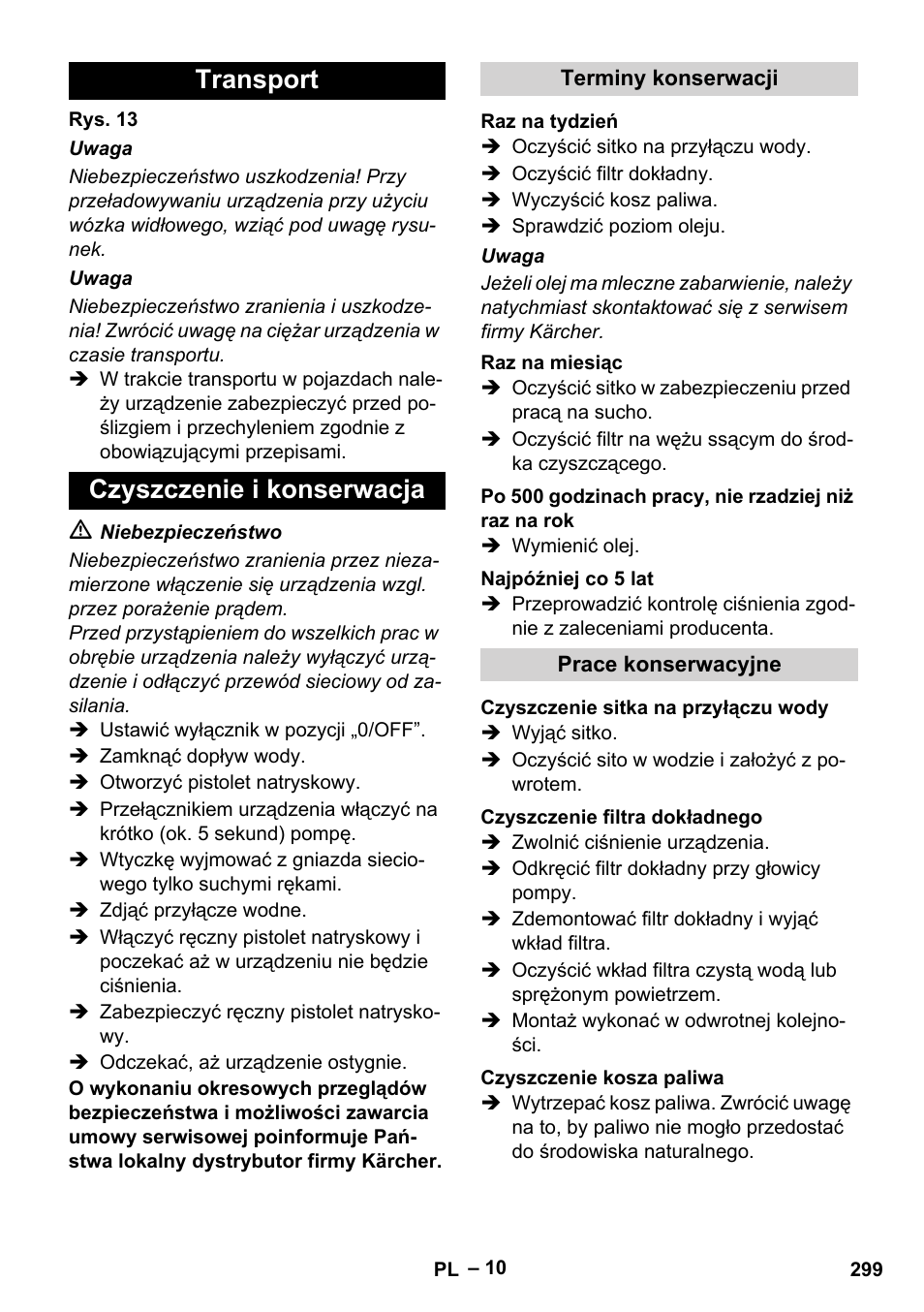 Transport czyszczenie i konserwacja | Karcher Nettoyeur haute pression HDS 8-18-4 C Classic User Manual | Page 299 / 460