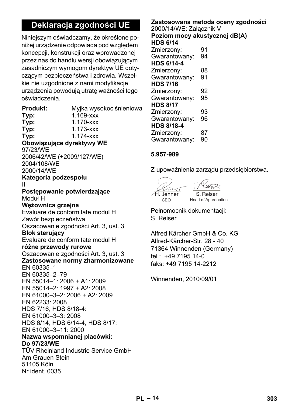 Deklaracja zgodności ue | Karcher Nettoyeur haute pression HDS 8-18-4 C Classic User Manual | Page 303 / 460