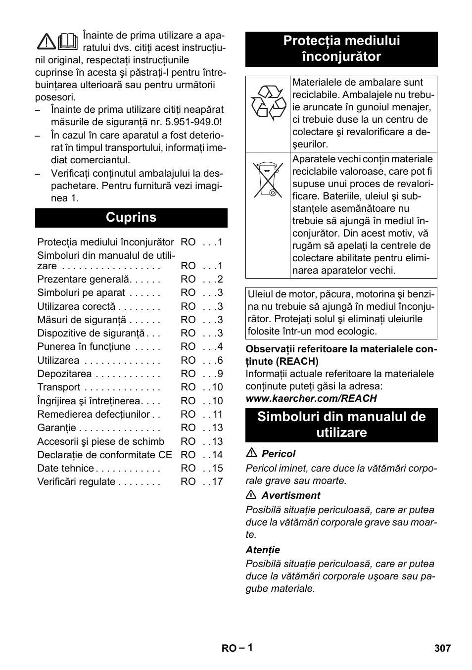 Româneşte, Cuprins, Protecţia mediului înconjurător | Simboluri din manualul de utilizare | Karcher Nettoyeur haute pression HDS 8-18-4 C Classic User Manual | Page 307 / 460
