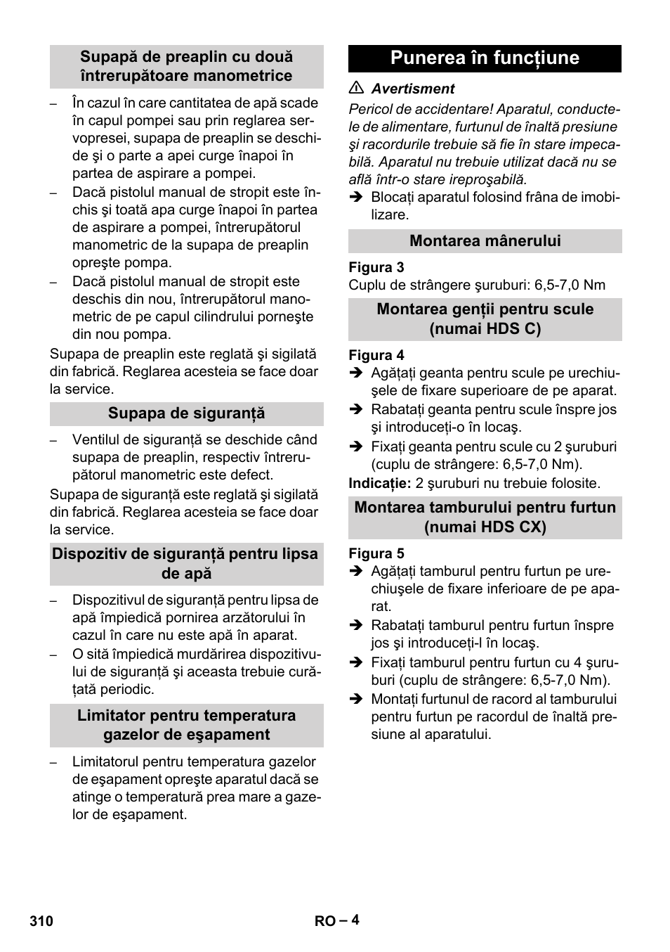 Punerea în funcţiune | Karcher Nettoyeur haute pression HDS 8-18-4 C Classic User Manual | Page 310 / 460